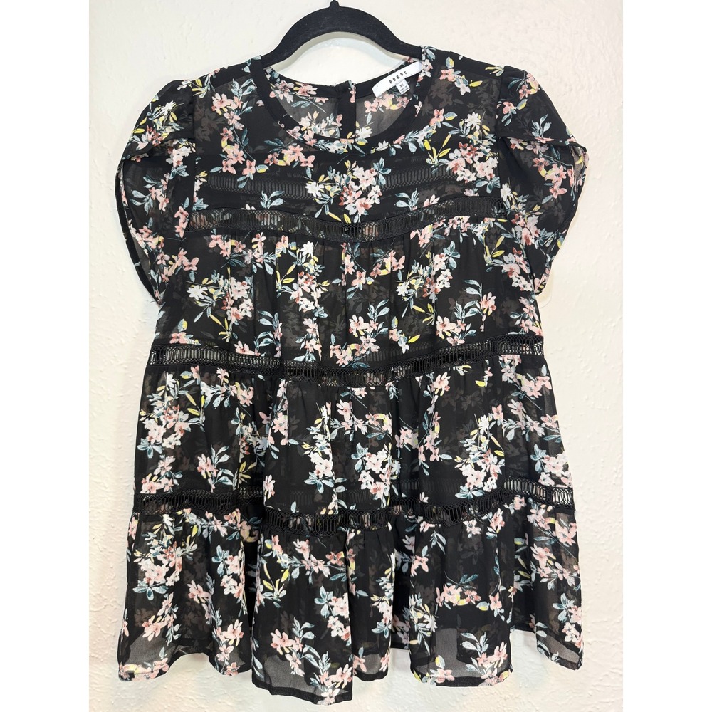 RO&DE Women Black Floral Ladder Lace Tiered Babydoll Blouse WQX501965RK XS